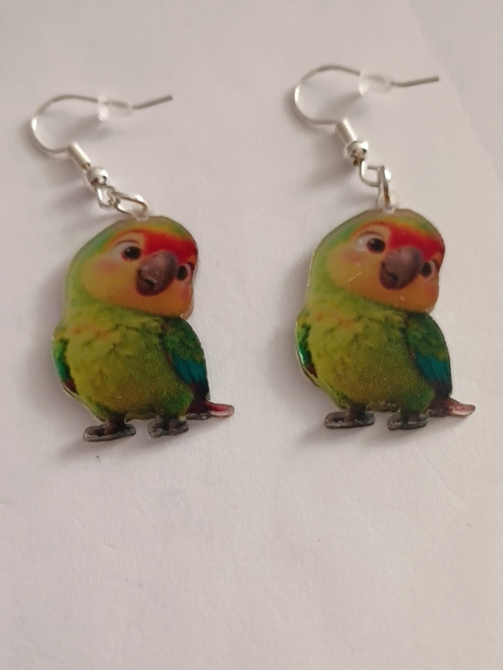 Green Parrot Drop Earrings — Colorful Bird Charm Earrings